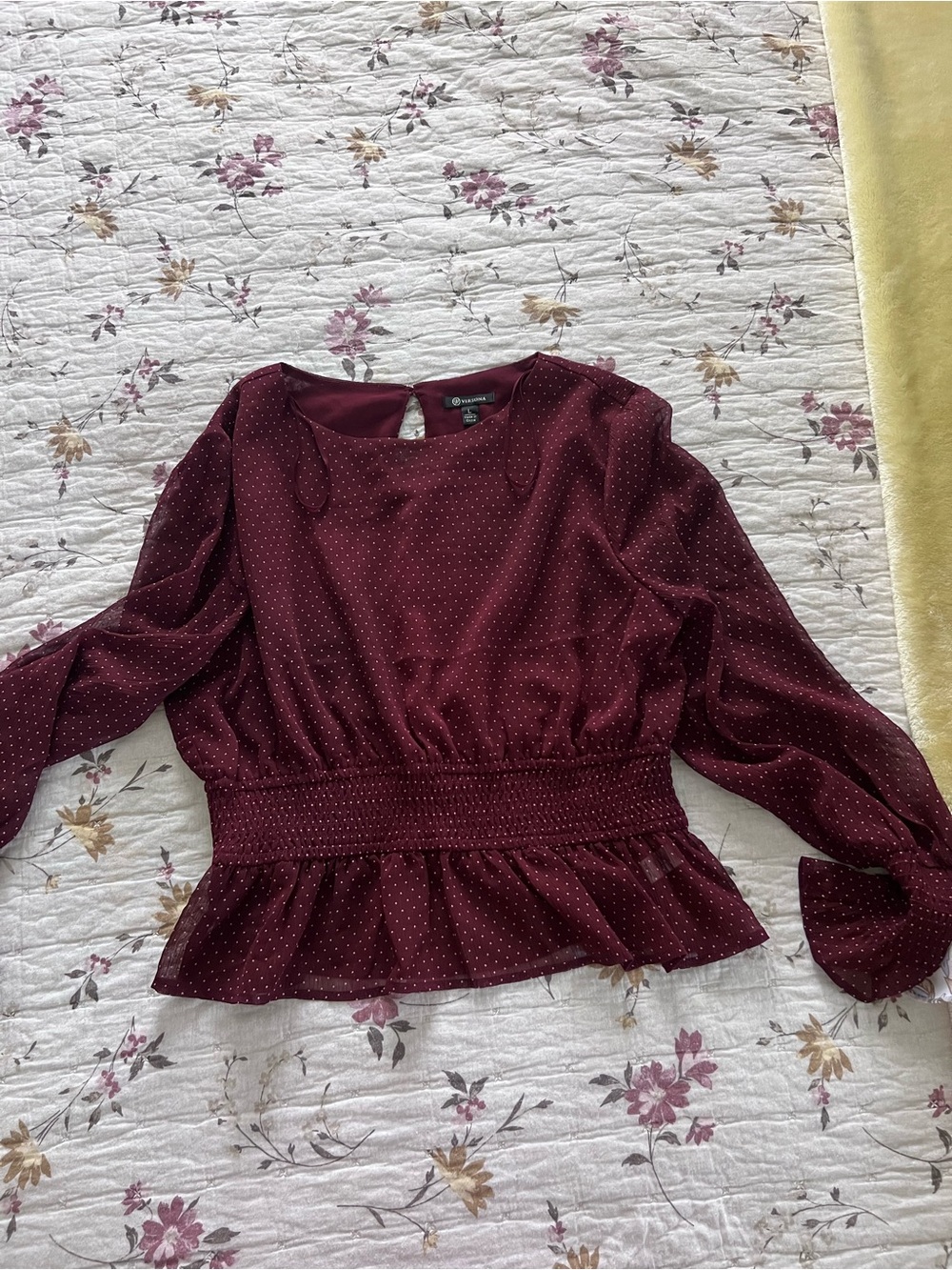 Versona Burgundy Dot Smocked Peplum Blouse Runs Small (Juniors Large)
